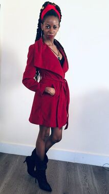 Fall jacket, alexcina brown, fashion, thrifting, style, boots, black blogs, red coat