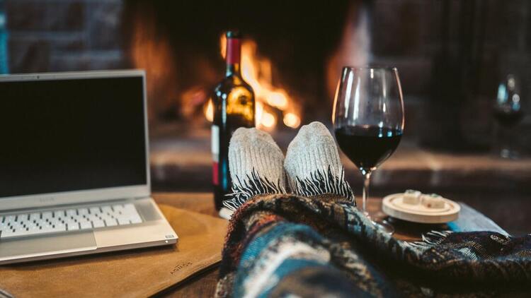 latptop, red wine, relaxing, self care