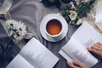 hot tea, book reading, reading, books, flowers, spring day