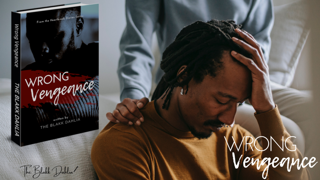 Wrong Vengeance book promo with sad black man and hands on his shoulder